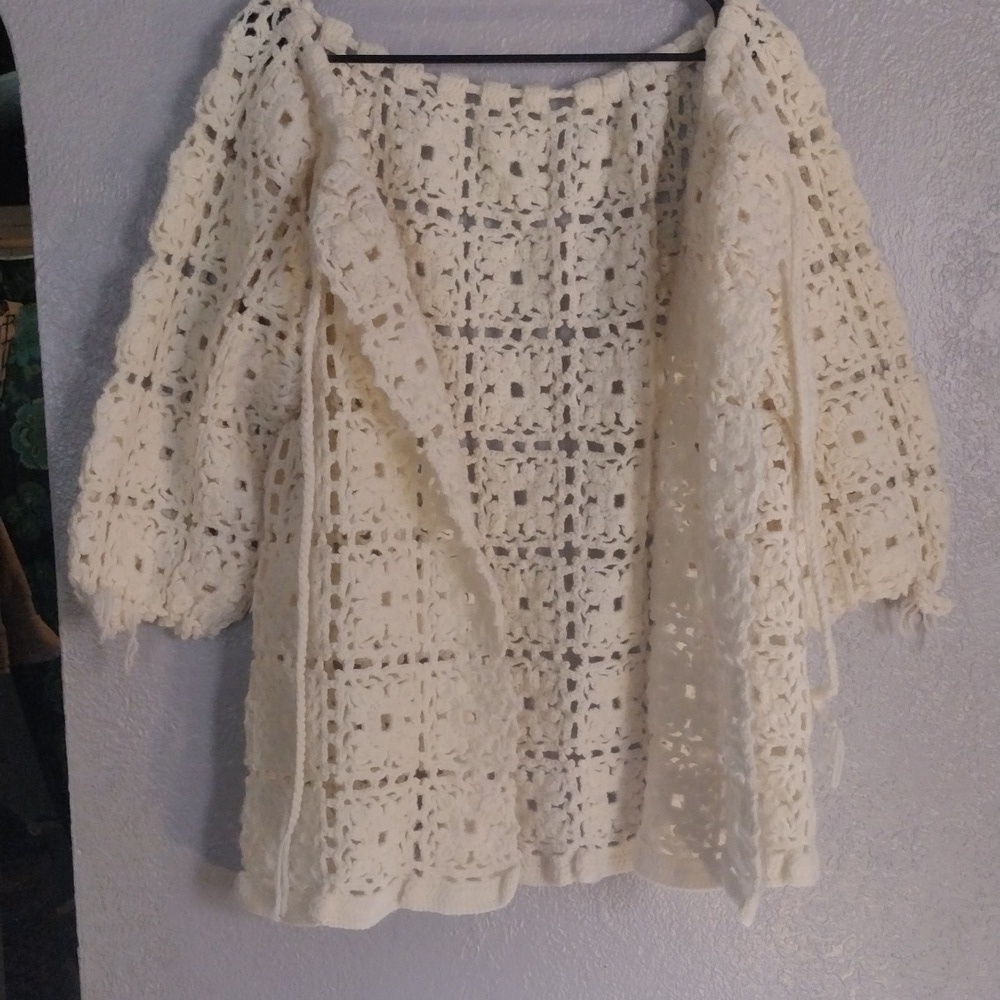 Hand Made Knit Granny Square Cream Cardigan 3/4 Balloon Sleeve Sweater L